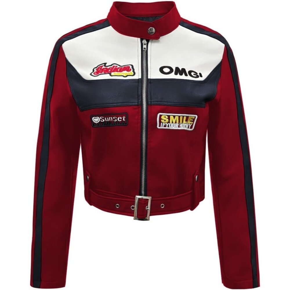 Women's Red Oversized Jackets Faux Suede Fall Fashion Motorcycle Leather
